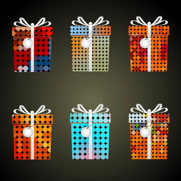 Kleurrijke stippen papier geschenken met linten en tags eps10 verpakken — Stockvector