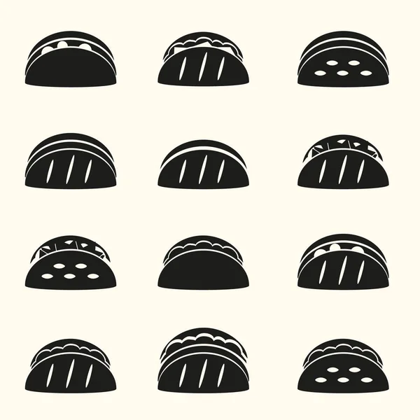 Set of black tortilla tacos food icons set eps10 — Stock Vector