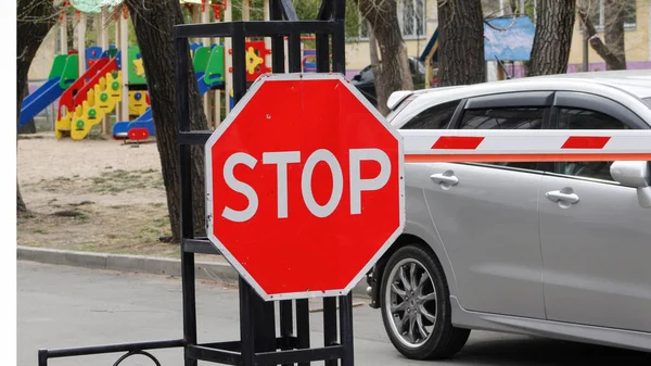 Road sign on a car background