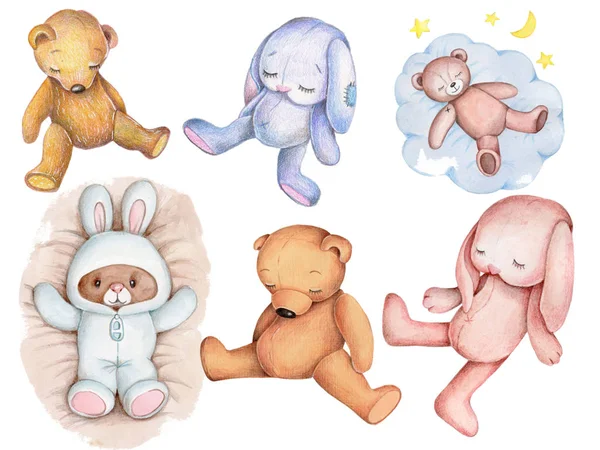 Akvarellillustrationer Uppsättning Söta Tecknade Sovleksaker Nallebjörnar Och Kaniner För Baby — Stockfoto