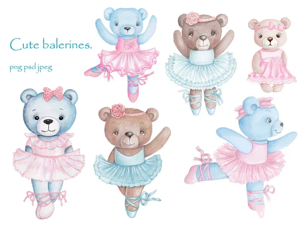 Set of cute cartoon teddy bear girls ballet dancers. Hand drawn, isolated.