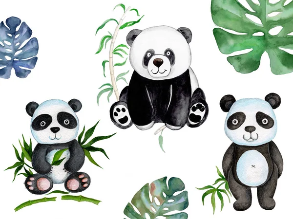 Set of cute cartoon watercolor pandas, adorable and pretty hand drawn illustrations. Isolated.