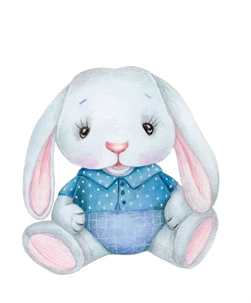 Mignon Lapin Aquarelle Jouet Lièvre Lapin Bleu Tiré Main Isolé — Photo