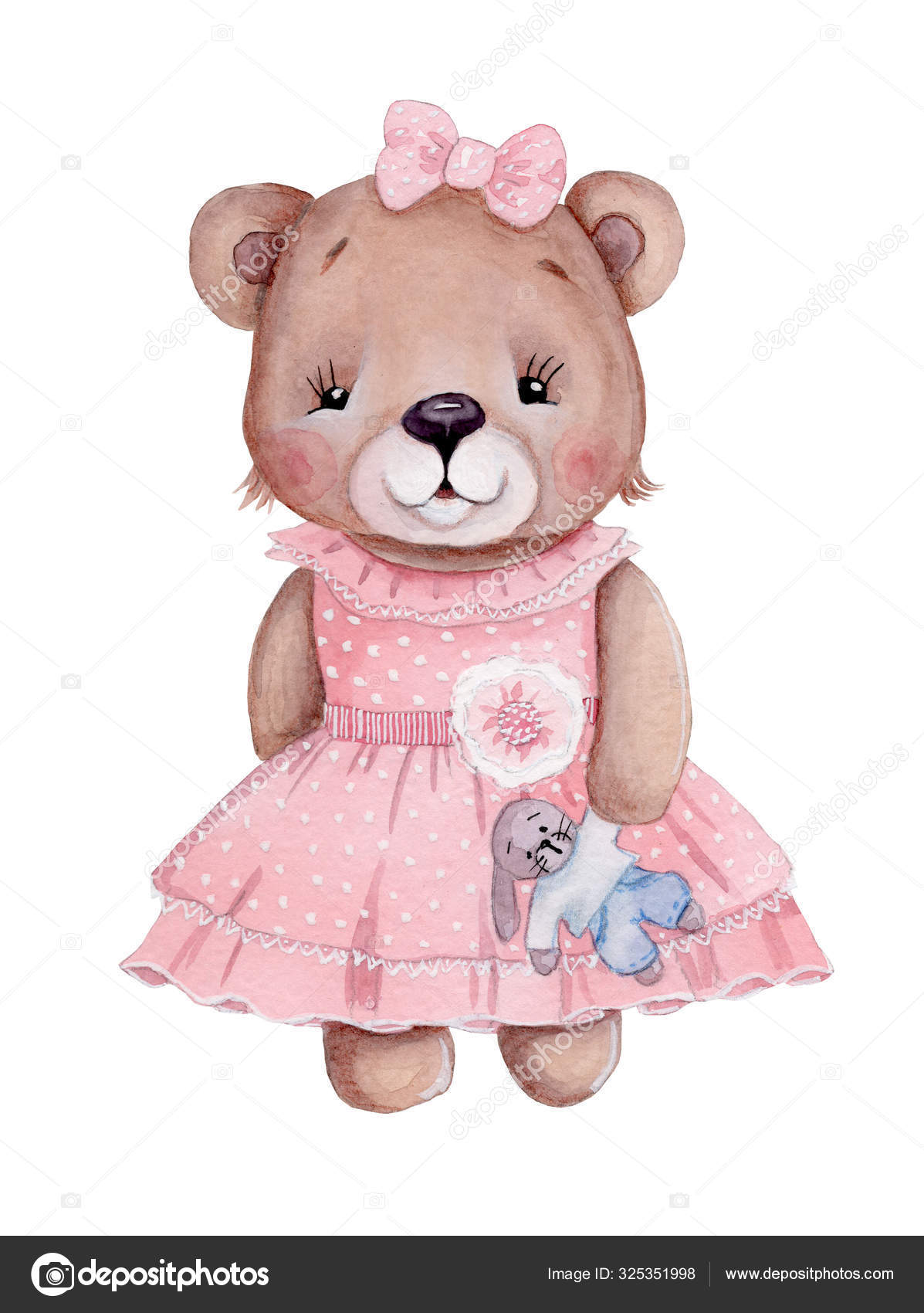 Cute Watercolor Teddy Bear Girl Pink Dress Toy Isolated Stock