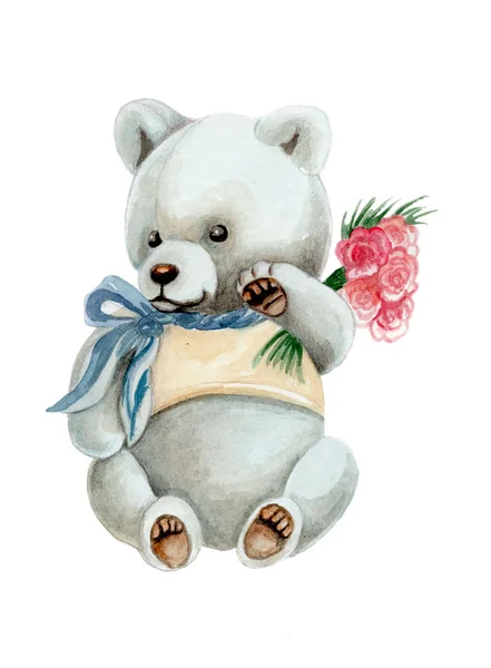 Aquarell Teddybär Vintage Sitzend Mit Blumen Handgezeichnete Illustration Isoliert — Stockfoto