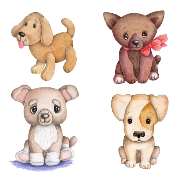Set Cute Cartoon Watercolor Dogs Plush Pups Isolated White Background — Stock Photo, Image