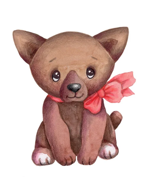 Cute Cartoon Watercolor Brown Dog Pink Bow Neck Hand Drawn — Stock Photo, Image