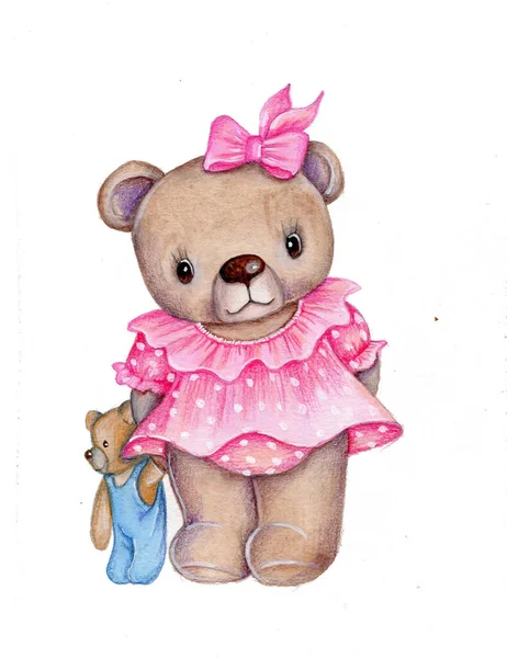 Cute cartoon pretty teddy bear girl in pink dress with toy teddy bear. watercolor hand drawn, isolated.