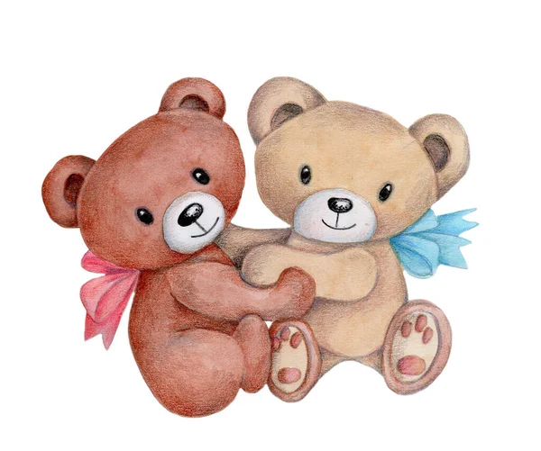 Watercolor Illustration Two Cute Teddy Bears Playing Hand Drawn Isolated — 스톡 사진