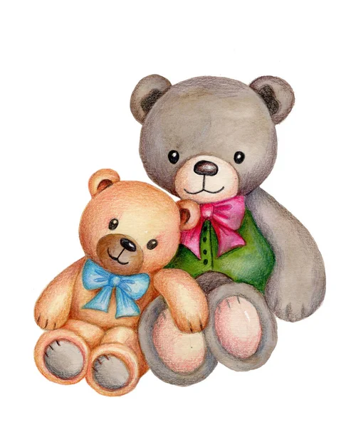 Niedliche Cartoon Teddybären Sitzen Nebeneinander Aquarell Von Hand Gezeichnet Isoliert — Stockfoto