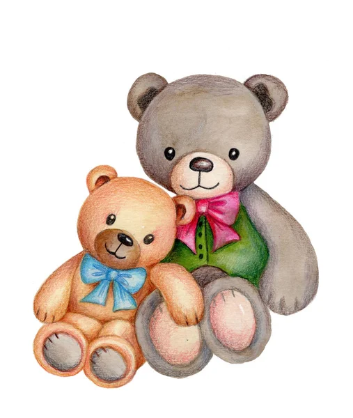 Cute cartoon teddy bears sitting side by side, Watercolor hand drawn, isolated.