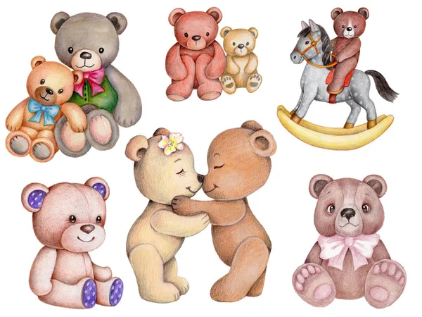 Set Von Handgezeichneten Aquarell Illustrationen Von Niedlichen Cartoon Teddybären Perfekt — Stockfoto