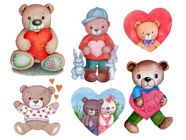 Een Stel Teddyberen Met Harten Aquarel Schattig Cartoon Illustraties — Stockfoto