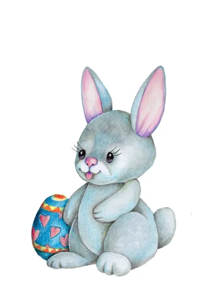 イースターカラフルな卵とかわいい漫画イースターウサギウサギウサギのウサギのキャラクターの水彩イラスト 子供のための手描きイラスト 白に隔離された — ストック写真