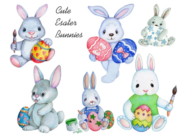 かわいい漫画イースターウサギのイラストの水彩セットコレクションの一部は イースターカラフルな卵と文字を共有しています 子供のための手描きイラスト 白に隔離された — ストック写真