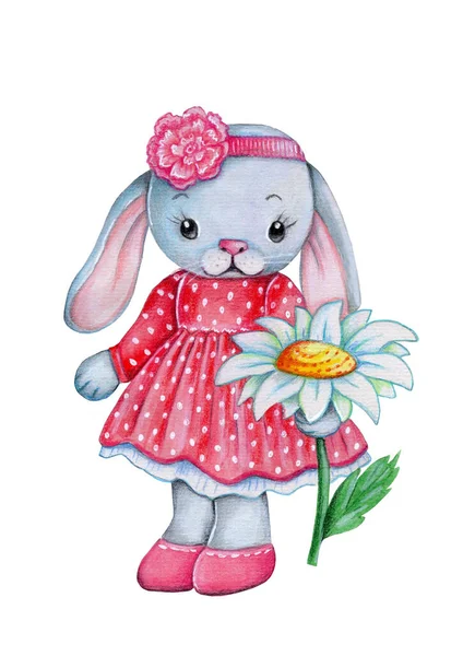 大きな花を持つかわいい漫画ウサギの女の子の水彩手描きイラスト 白地に隔離された — ストック写真