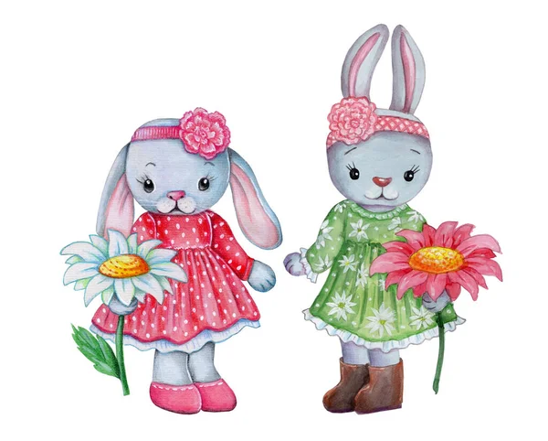 Aquarelle Illustration Dessinée Main Deux Jolies Filles Lapin Dessin Animé — Photo