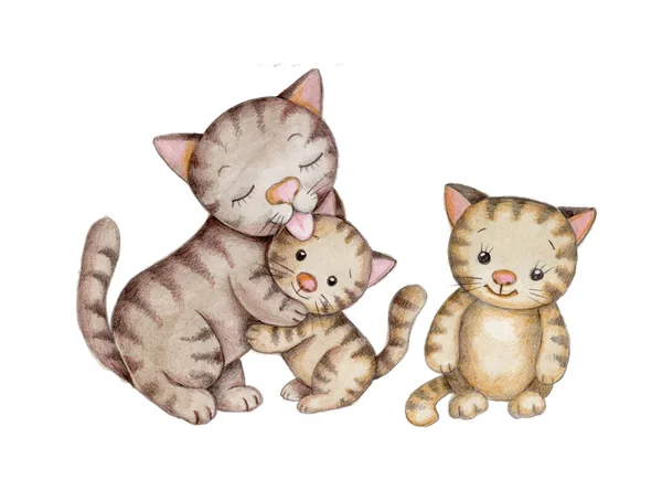 水彩画手描きイラスト 隔離されました かわいい漫画グレーの猫 暗いストライプの子猫 おもちゃの動物 ペット — ストック写真