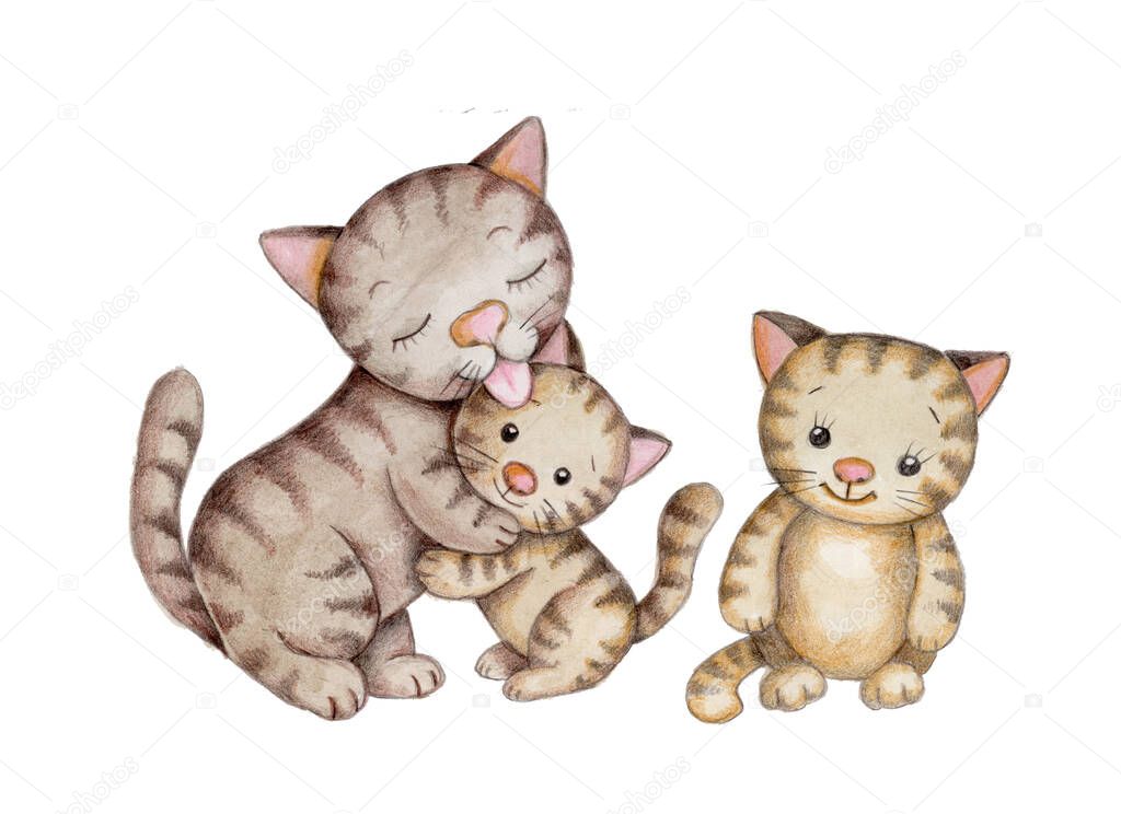 Watercolor hand drawn illustration, isolated. Cute cartoon gray cat, kitten, kitty with dark stripes. Toy animals. Pets.