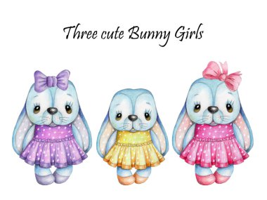 Sevimli karton karakterler tavşan tavşan tavşan kızlar, ayakta. El çizimi suluboya çizimi. beyaz arkaplanda izole. 
