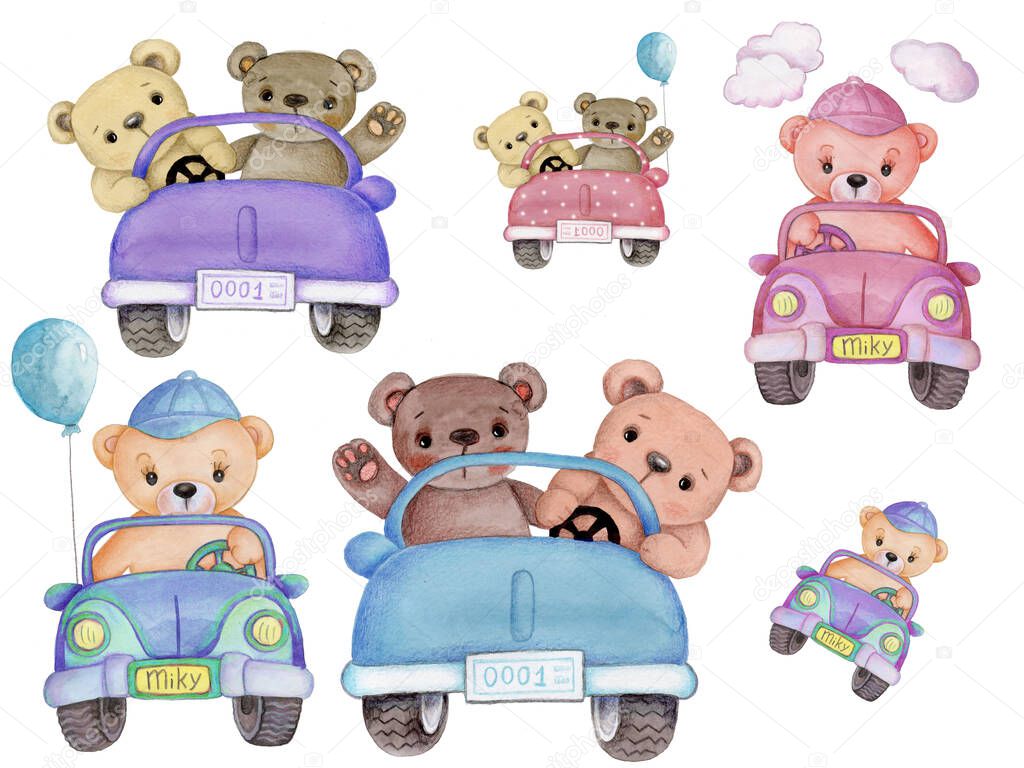 Set of cute cartoon teddy bears driving cars, watercolor illustration for kids. Isolated.