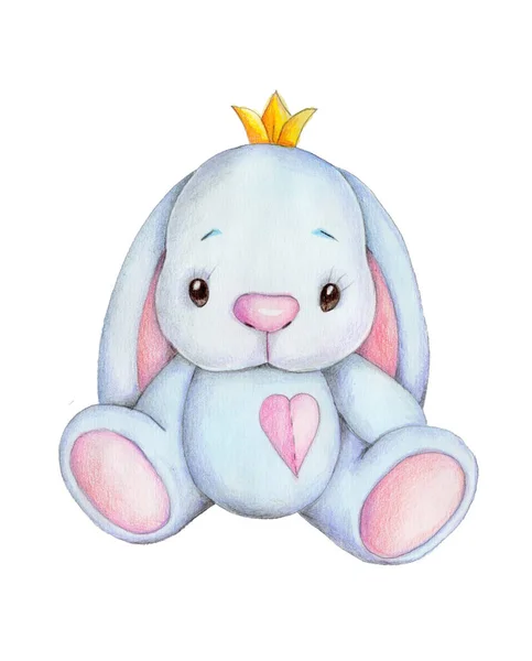 王冠とピンクのハートを持つかわいい漫画青ウサギウサギウサギウサギのウサギの王子の水彩手描きイラスト 白地に隔離された — ストック写真