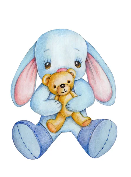 水彩画的可爱卡通画兔子兔与棕色玩具玩具泰迪熊 因白人背景而被隔离 — 图库照片