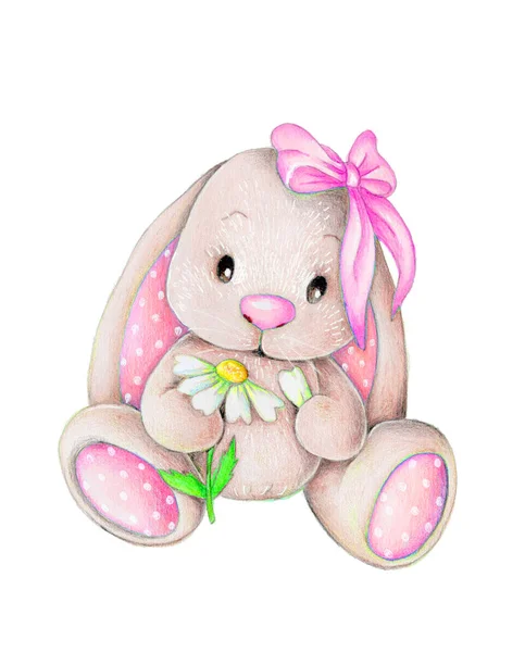 デイジーとかわいい漫画ピンクのウサギウサギのウサギのウサギの水の手描きイラスト 座っています 白地に隔離された — ストック写真