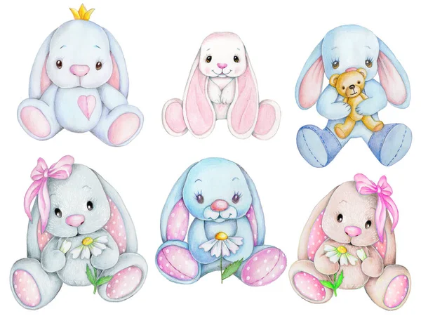かわいい漫画の青とピンクのウサギのセットコレクション 小さなおもちゃのウサギ 子供のための水彩イラスト 隔離されてる 手描き水彩画 — ストック写真