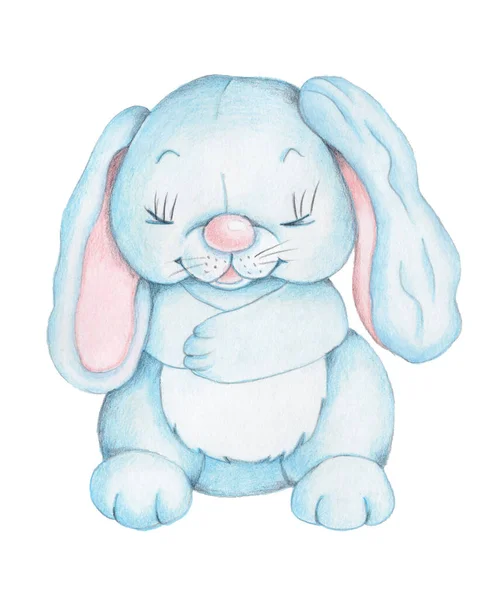 Cute Cartoon Fat Blue Fun Bunny Rabbit Hare Watercolor Hand — Stock Photo, Image
