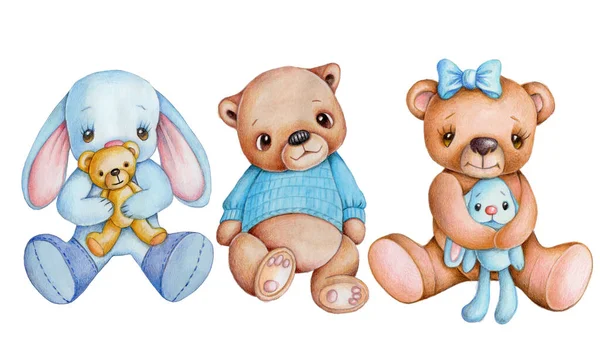 Ours Jouet Beasr Dessin Animé Mignon Peluche Brun Bleu Assis — Photo