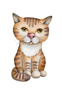 Sevimli çizgi film kedisi, üzgün, koyu çizgili kırmızı. Suluboya el çizimi çizimi. Beyaz arkaplanda izole. 