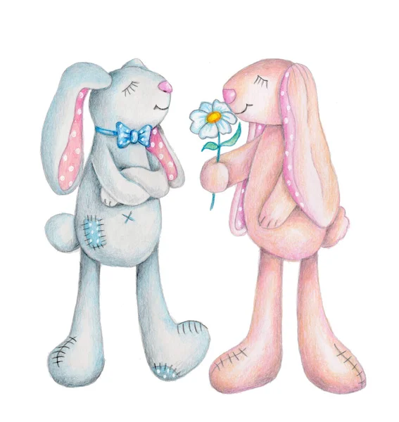 青とピンクのウサギ 楽しいウサギ 水彩手描きイラスト 白地に隔離された — ストック写真