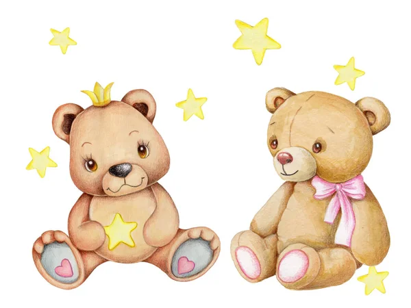 Cute Cartoon Teddy Bears Princes Crown Head Watercolor Hand Drawn — Stock Photo, Image