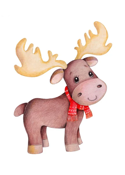 Cute Little Moose Elk Deer Watercolor Illustration Cute Cartoon Woodland — Stock Photo, Image