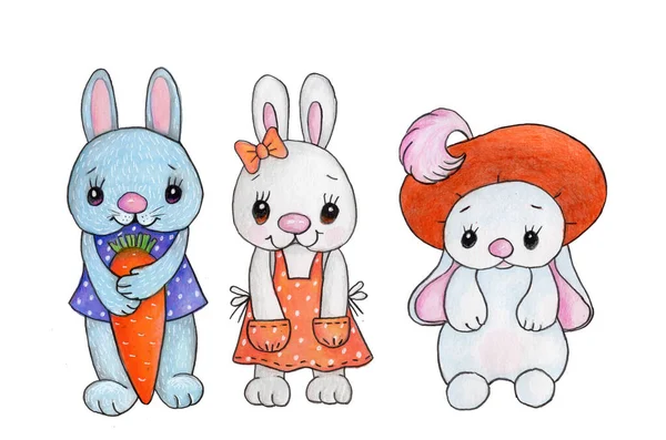 Mignons Lapins Lapins Lièvres Aquarelle Illustration Dessinée Main Main Libre — Photo