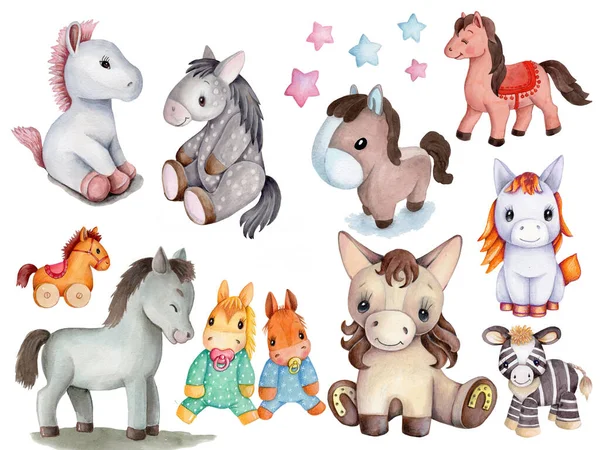 Little ponies and horses. Set of cute cartoon toy animals for children. Hand drawn watercolor illustrations, isolated on white background.
