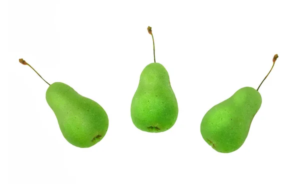 Маленькие Фигурки Марципана Выделены Белом Фоне Фрукты Три Зеленых Груши — стоковое фото
