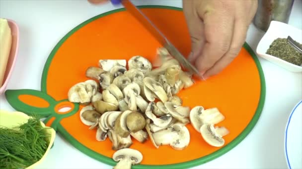Closeup Person Cooking Table Cutting Mushrooms — Stock Video