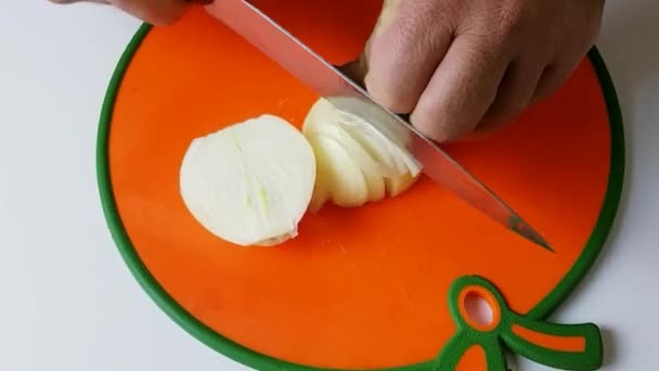 Closeup Person Cooking Table Cutting Onions — Stock Video