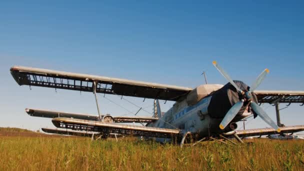 För närvarande oanvända övergivna markis flygplan står i fält. — Stockvideo
