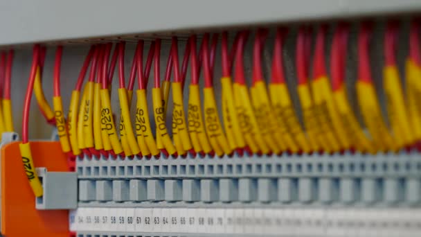 Electrical control panel with multiple switches and wires, cable terminal socket — Stock Video