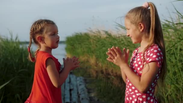 两个可爱的小女孩在湖边玩着薄饼游戏，玩得很开心 — 图库视频影像