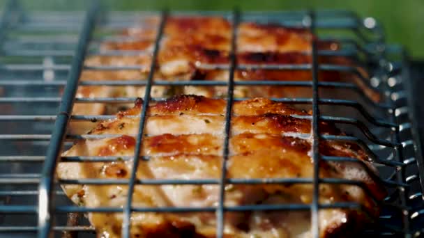 Golden delicious chicken pieces frying on barbecue grill — ストック動画