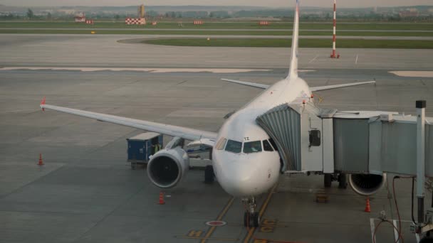 Hava terminali kapısında uçak durağı var. Jet aracı havaalanında hizmet veriyor.. — Stok video