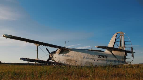 Momenteel ongebruikte vliegtuigen staan in het veld tegen een heldere blauwe lucht — Stockvideo