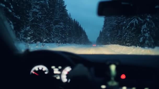 Auto rijdt 's avonds door het winterbos. Zicht vanuit voorruit van de auto — Stockvideo
