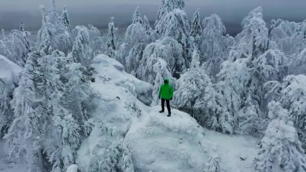 Aerial view: man stands on top of mountain surrounded by snow covered forest — 비디오