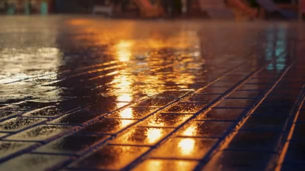 Rain drizzles along sidewalk, city street lights reflected in puddle at evening — Stockvideo