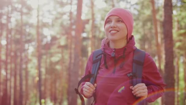 Γυναίκα τουρίστας κοιτάζει γύρω, χαμόγελα απολαμβάνει τη φύση στο πευκοδάσος ταξιδιωτικό τρόπο ζωής — Αρχείο Βίντεο